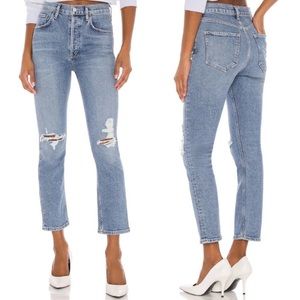 AGOLDE Riley High Rise Straight Jeans Crop Whiplash Distressed Boho Pale Blue 25